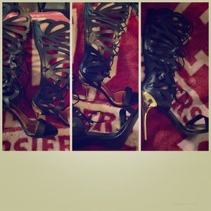 Heeled Black And Gold boot sandals